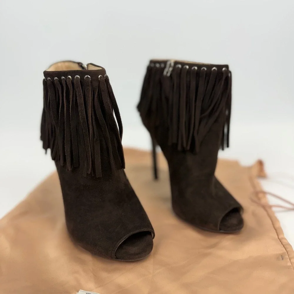 Prada Fringe Peep Toe Booties‎ Women's 35 Brown Suede Stiletto Ankle Heels